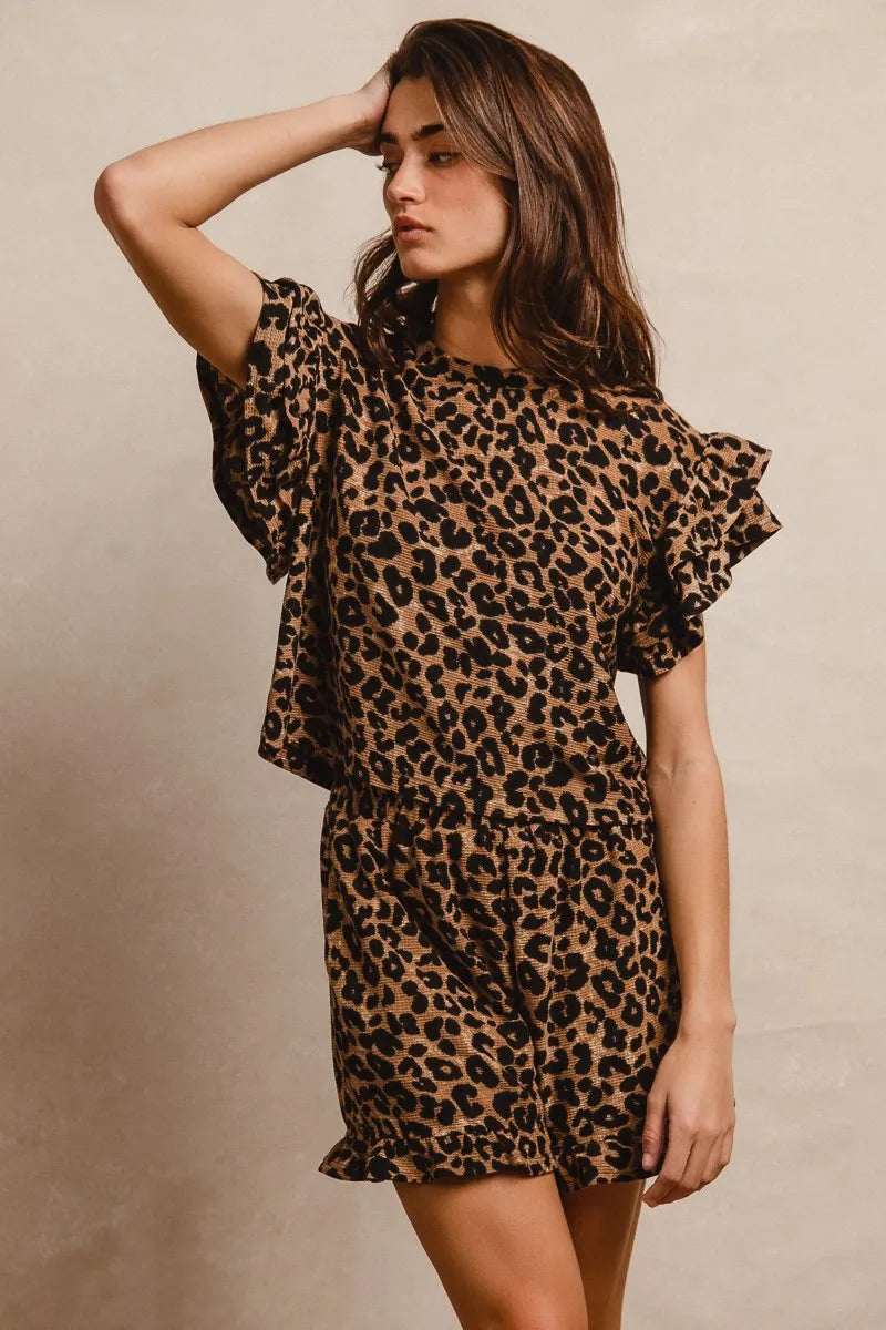 BiBi Leopard Print Waffle Texture Layered Ruffle Sleeve Top and Shorts Set