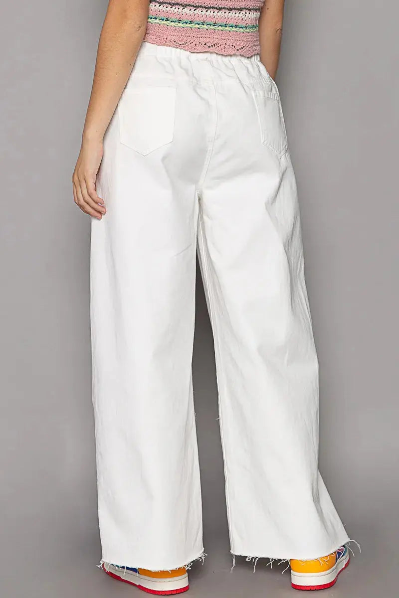POL Distressed Drawstring Slit Wide leg Pants