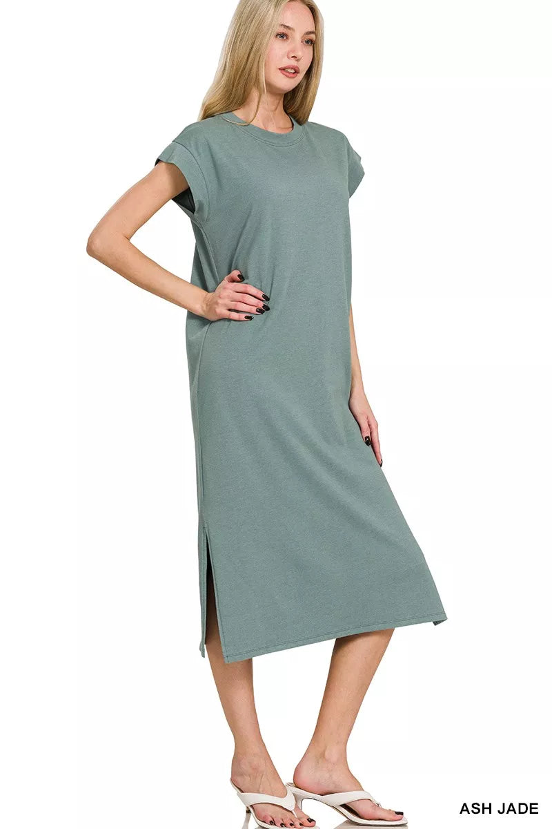 Zenana Round Neck Side Slit Midi Dress in Jade