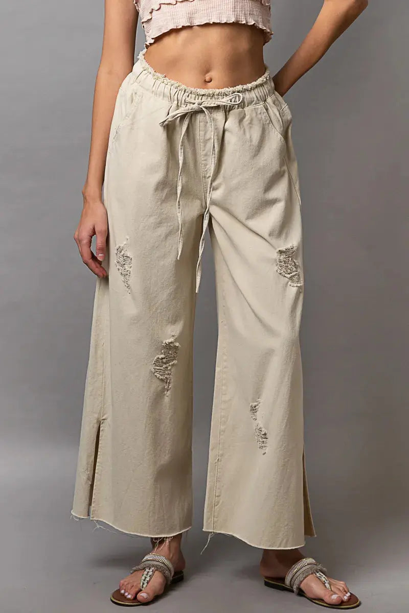 POL Distressed Drawstring Slit Wide leg Pants