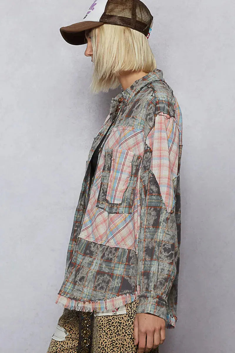 POL Plaid Patchwork Long Sleeve Shirt with Raw Edge Detail