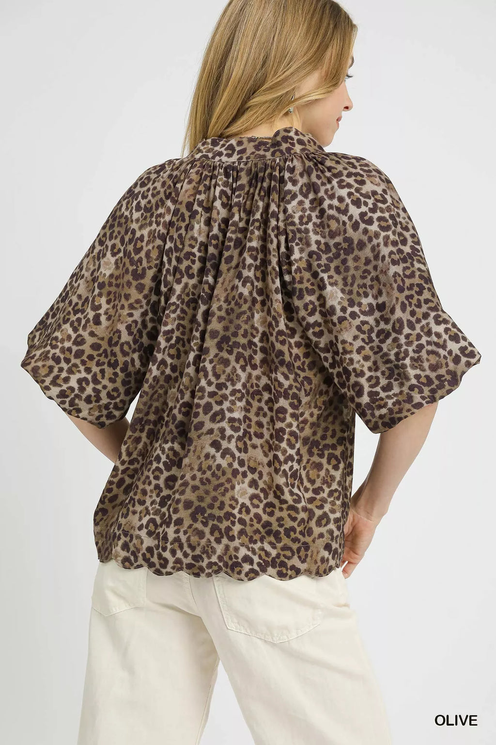 Umgee Leopard Bubble Sleeve Scalloped Hem Blouse