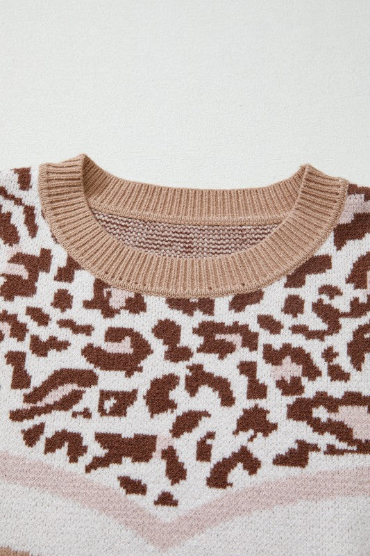 Leopard Colorblock Puff Sleeve Sweater