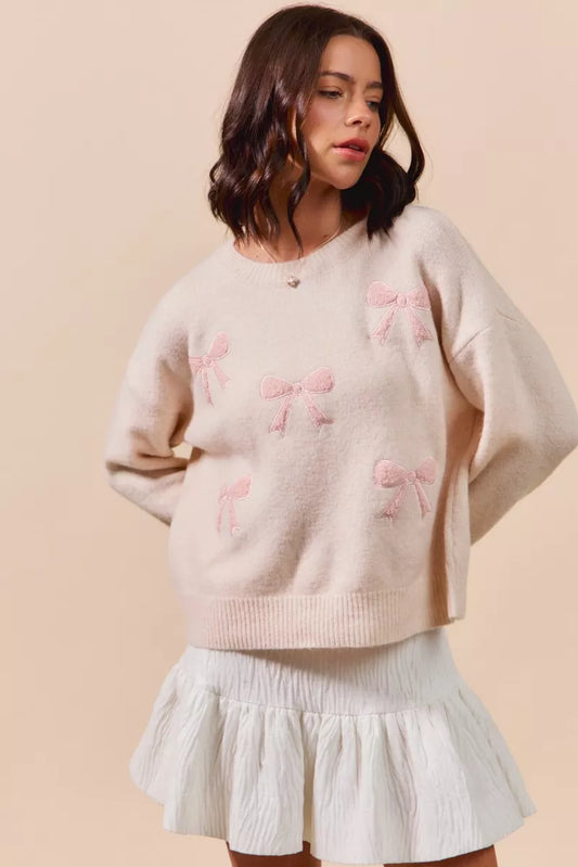 SO ME Embroidered Ribbon Round Neck Sweater