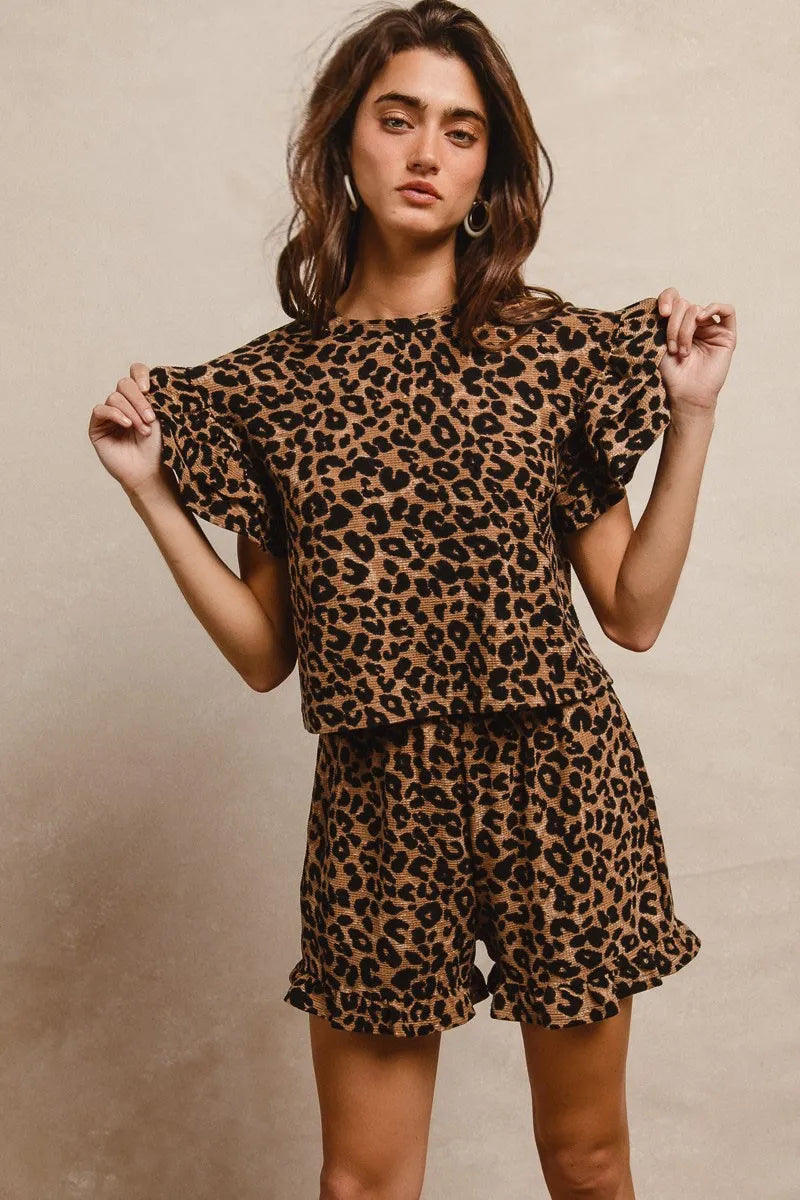 BiBi Leopard Print Waffle Texture Layered Ruffle Sleeve Top and Shorts Set