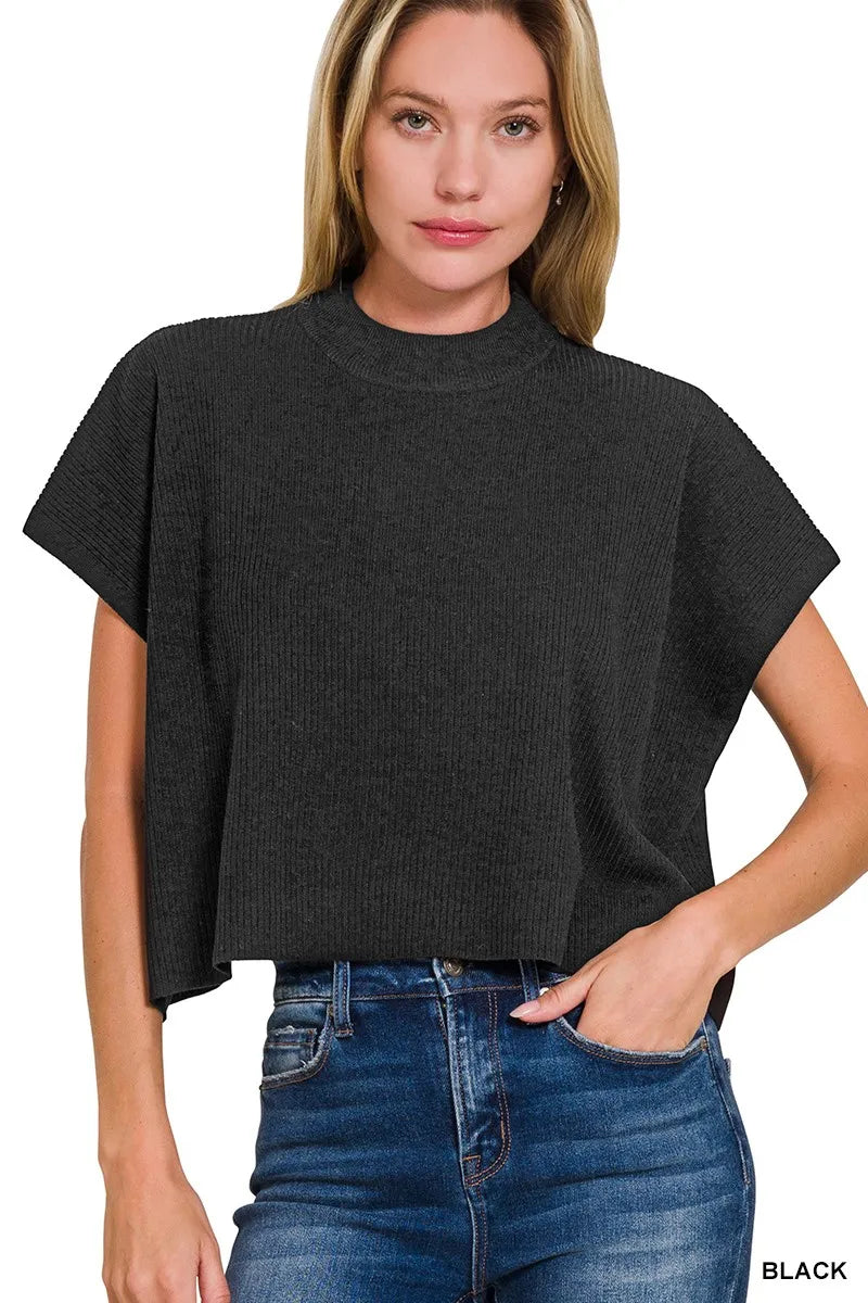 Zenana Viscose Mock Neck Short Sleeve Boxy Sweater in Black