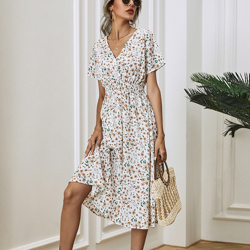 Women's V-Neck Floral Print Dress - A-Line Waisted Summer Maxi Dress