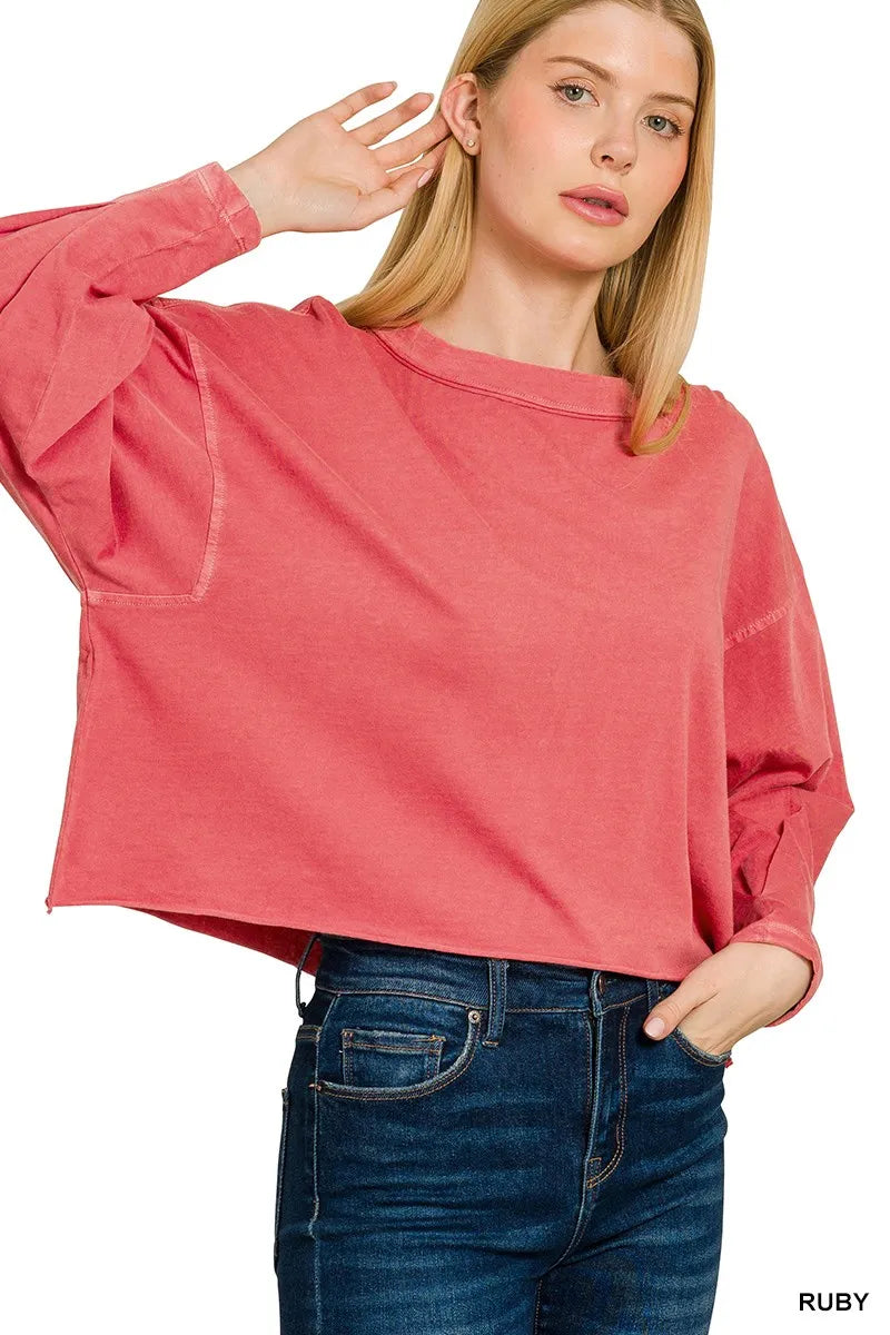 Zenana Pigment Dye Enzyme Washing Oversized Round-Neck T-Shirt in Ruby