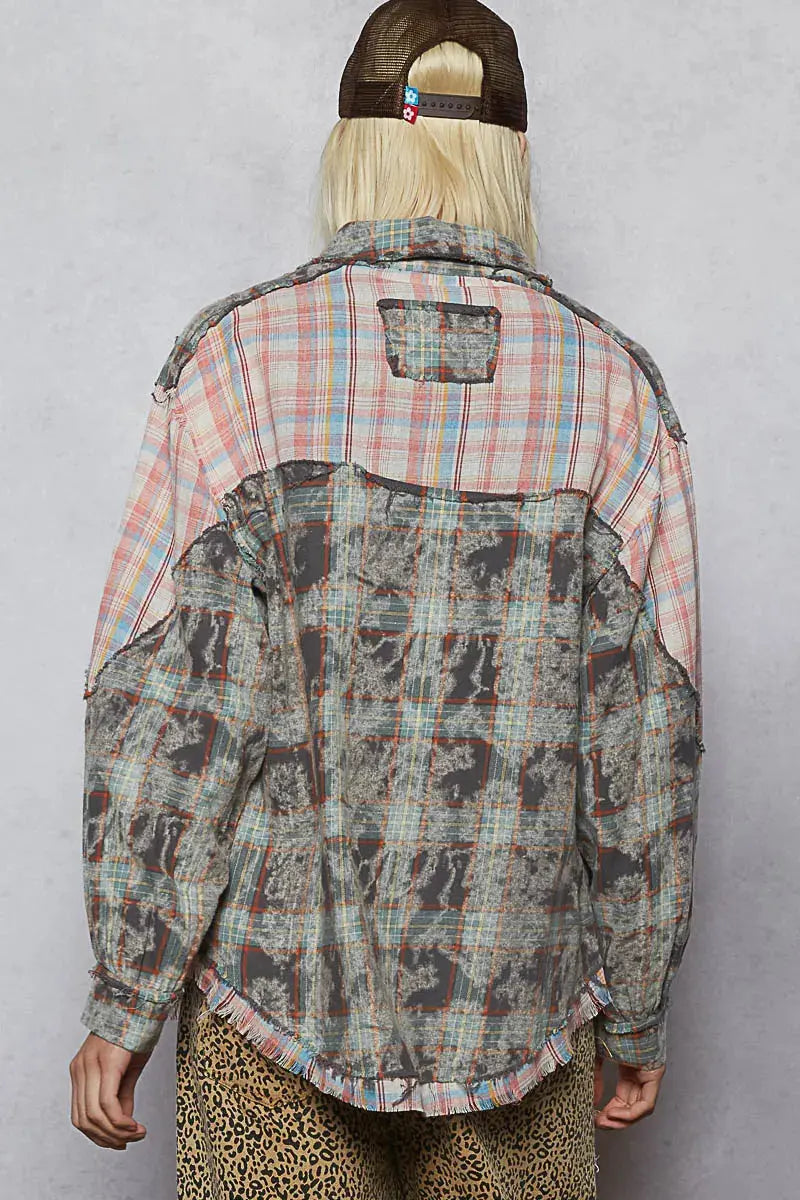 POL Plaid Patchwork Long Sleeve Shirt with Raw Edge Detail