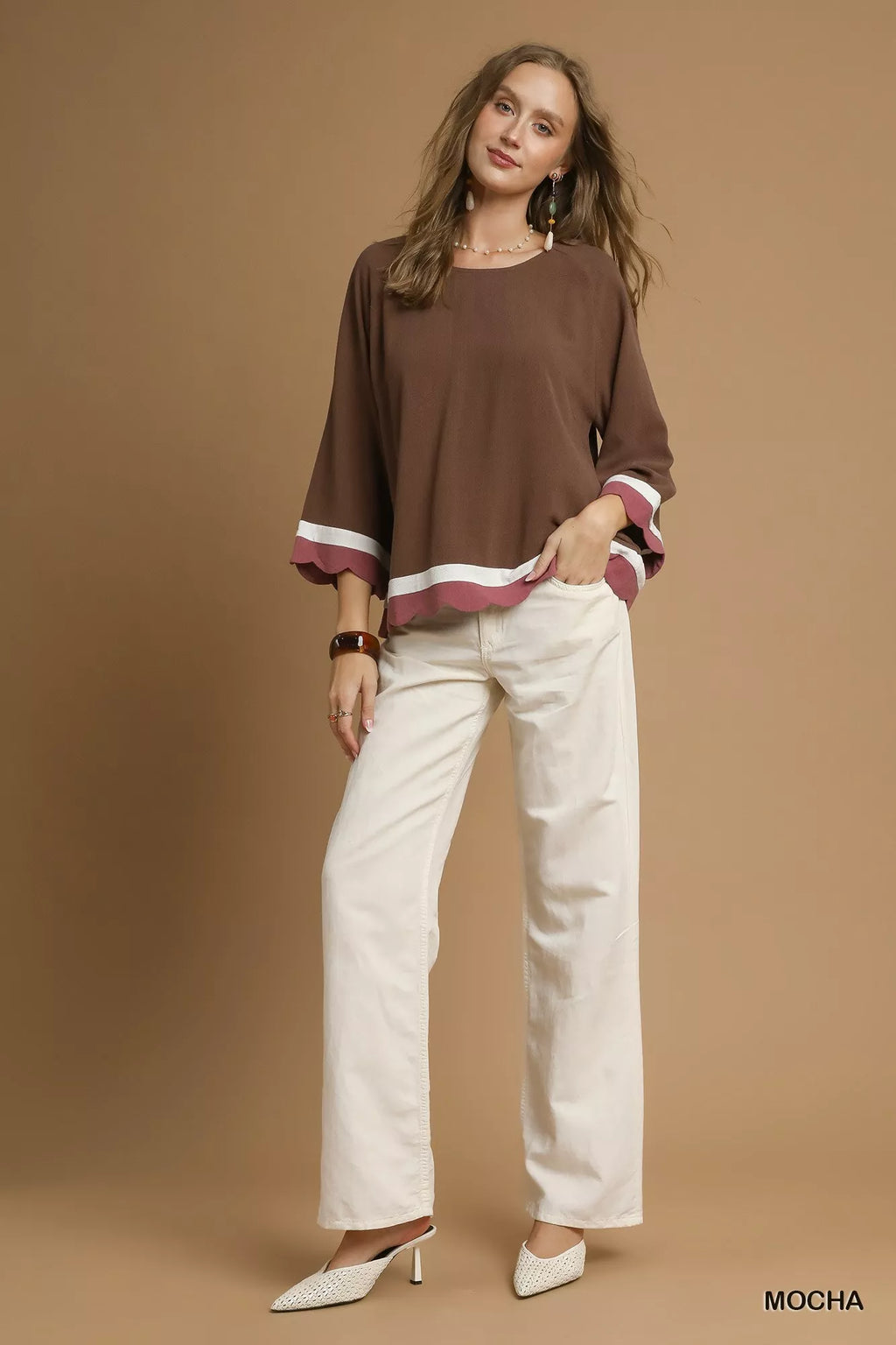 Umgee Scalloped Hem Color Block Top