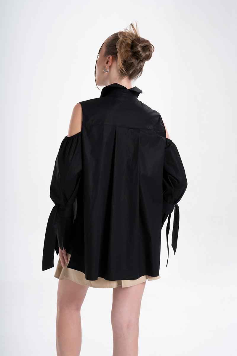 Quarta Open Shoulders Black Premium Poplin Shirt