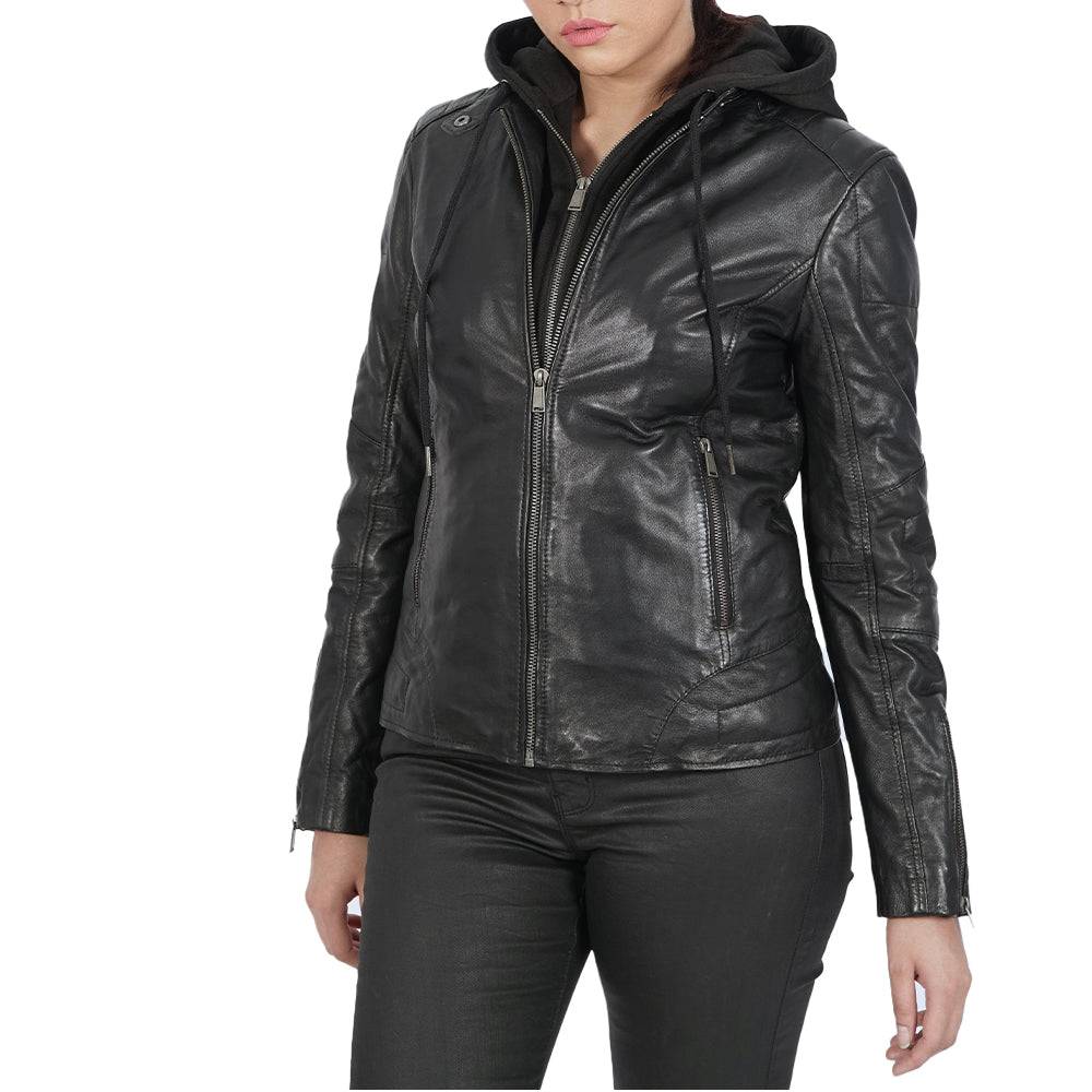 Becky Hooded Biker Leather Jacket