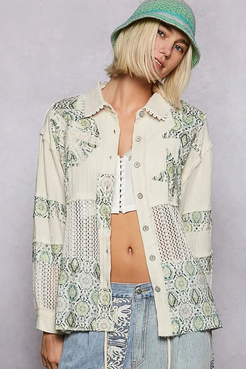 POL Printed Crochet Patchwork Button-Up Shirt