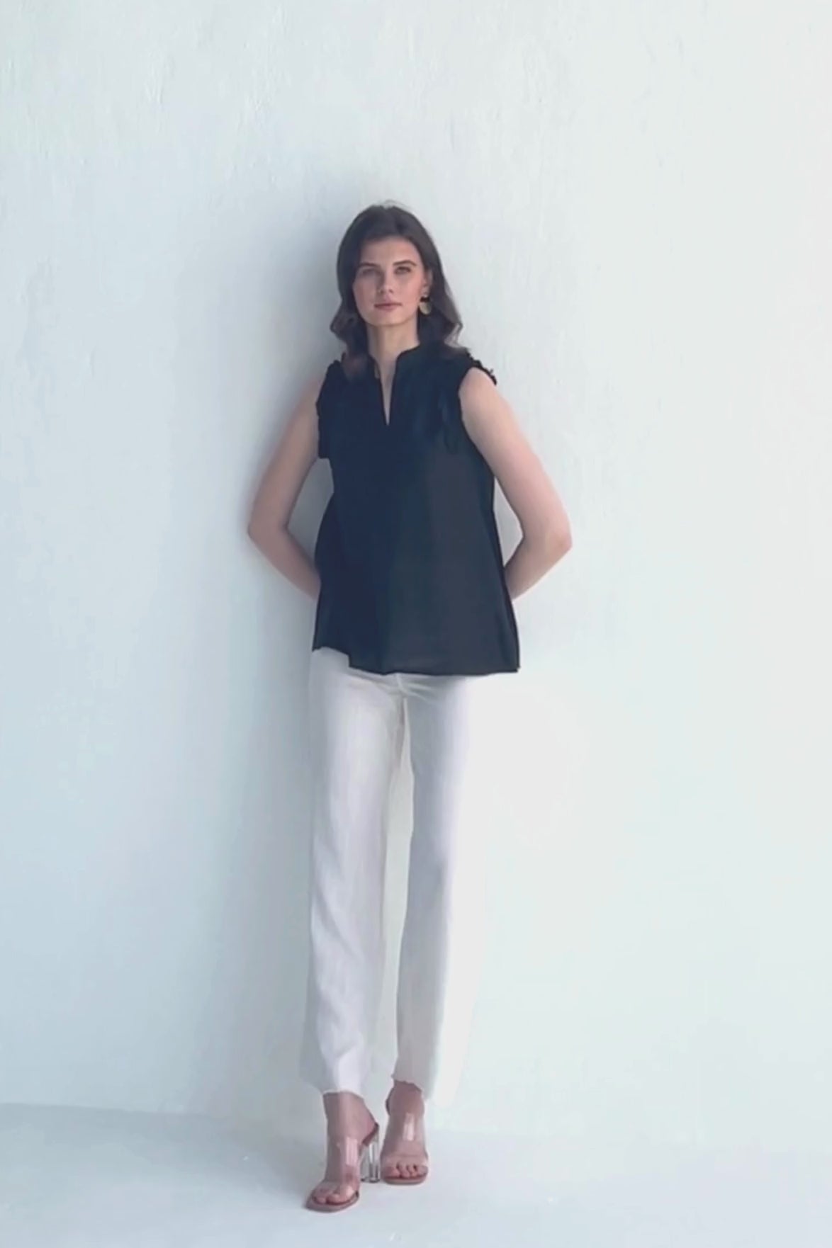 Sleeveless Hemp Top with Ruffles in Black