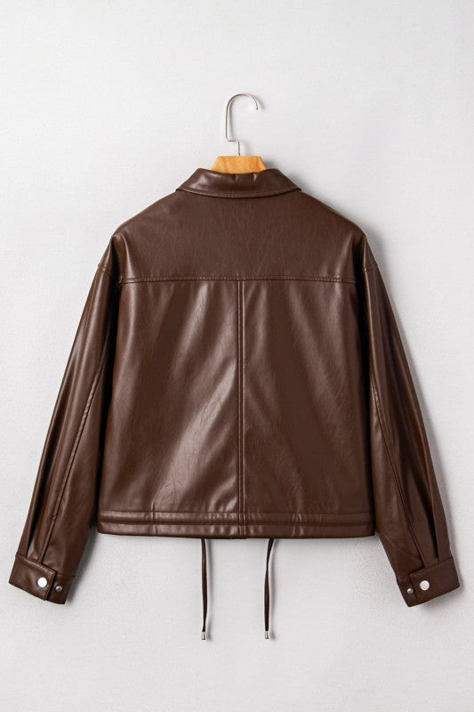 Leather Drawstring Hem Pocketed Jacket
