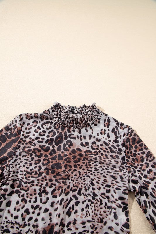 Leopard Mesh Smocked Neck Long Sleeve Bodysuit
