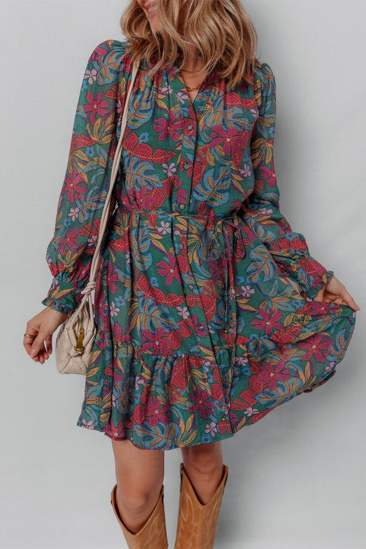 Floral Frilled V-Neck Puff Sleeve Ruffle Shirt Dress