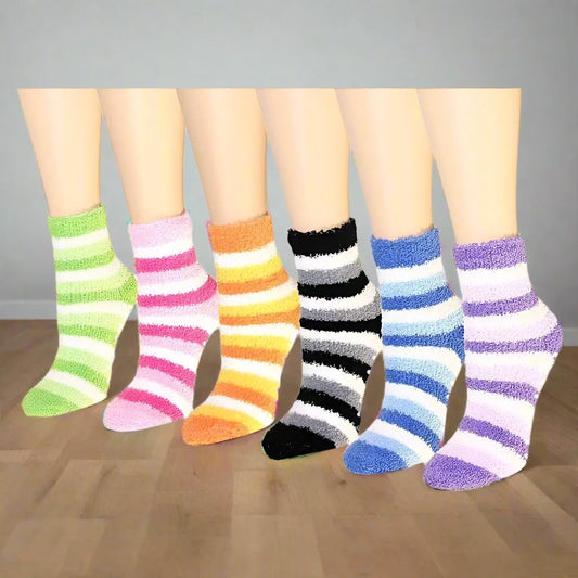 Women's Fuzzy Thermal Socks - 6 Pack Assorted Striped Colors