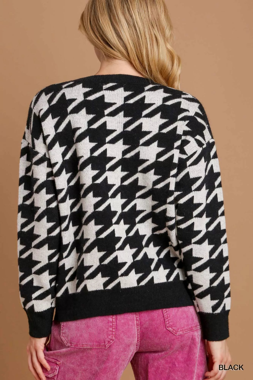 Umgee Houndstooth Round Neck Sweater