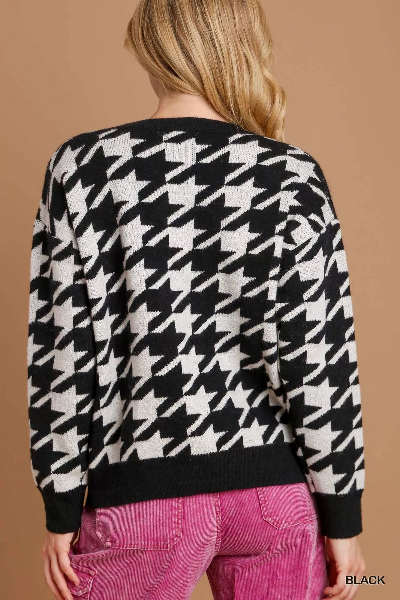 Umgee Houndstooth Round Neck Sweater