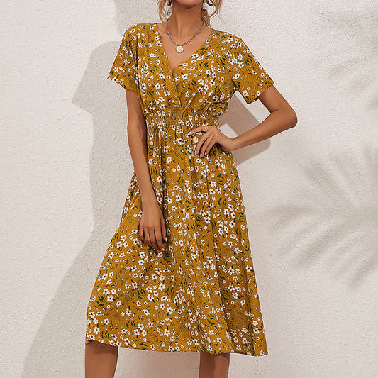 Women's V-Neck Floral Print Dress - A-Line Waisted Summer Maxi Dress