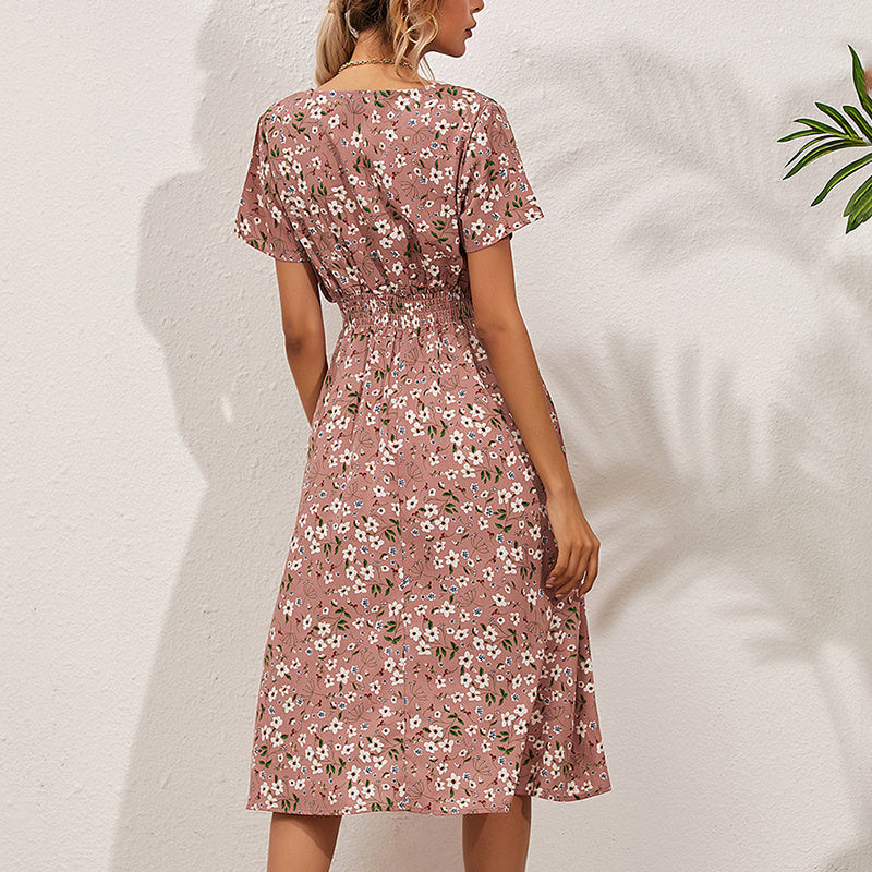 Women's V-Neck Floral Print Dress - A-Line Waisted Summer Maxi Dress