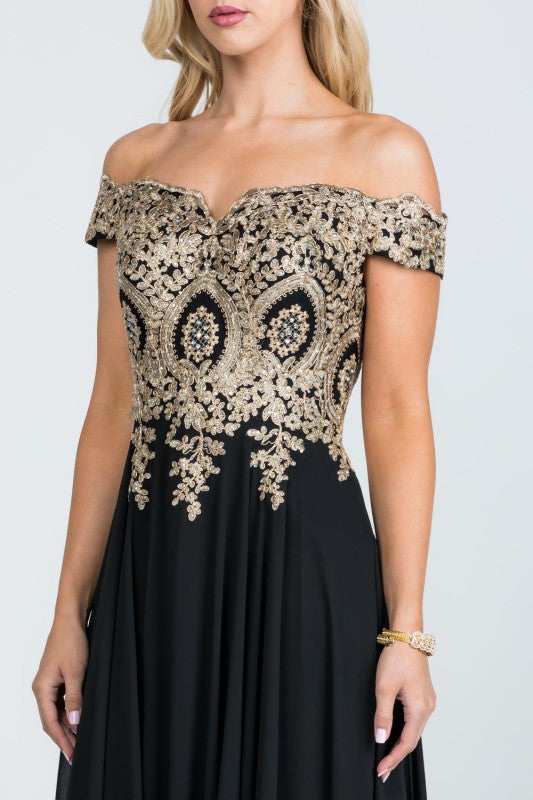 La Scala Off Shoulder Chiffon Gown with Lace Appliques