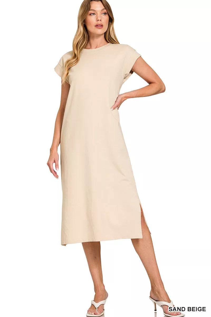 Zenana Round Neck Side Slit Midi Dress in Beige