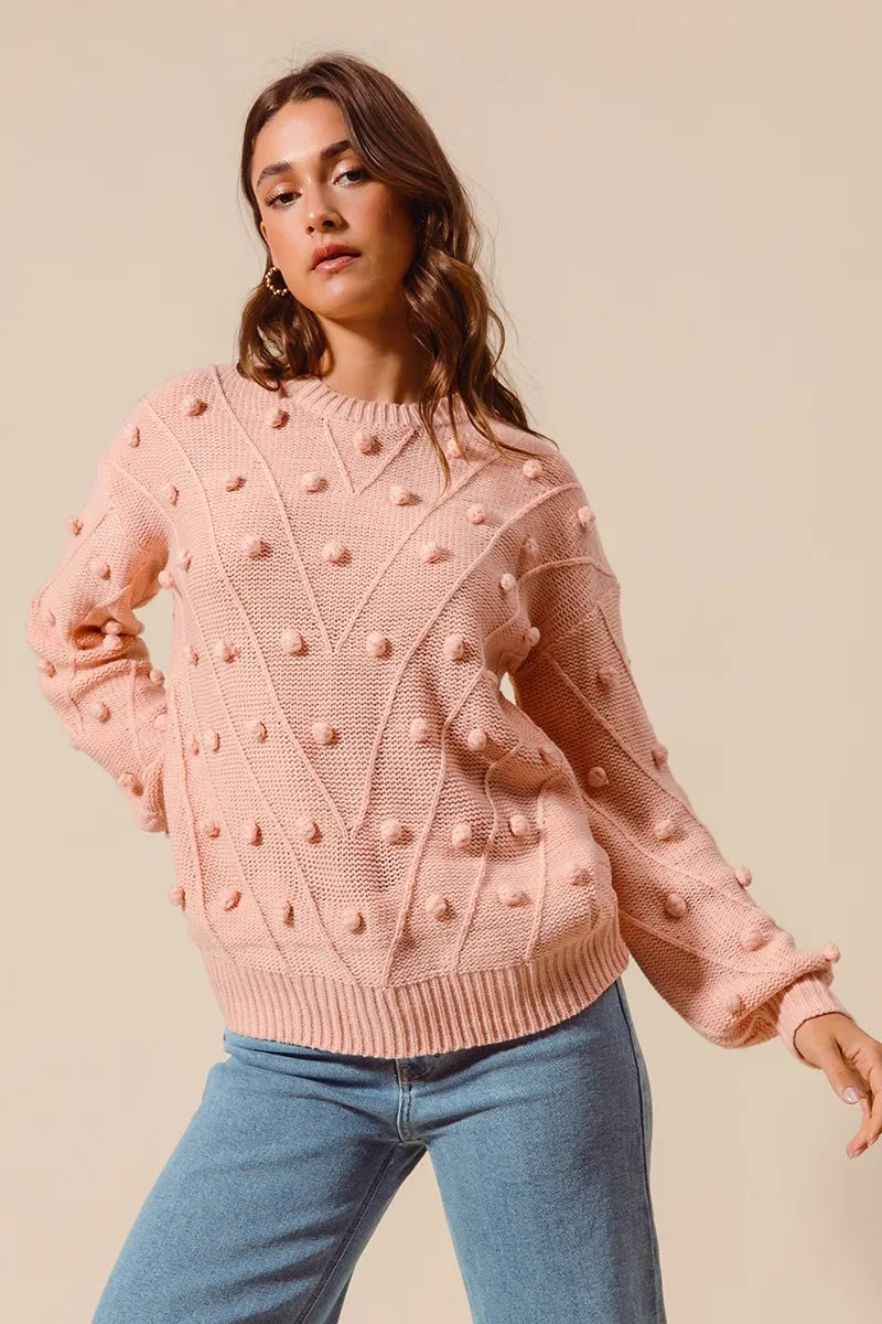 SO ME Pom Pom Textured Knit Sweater Top