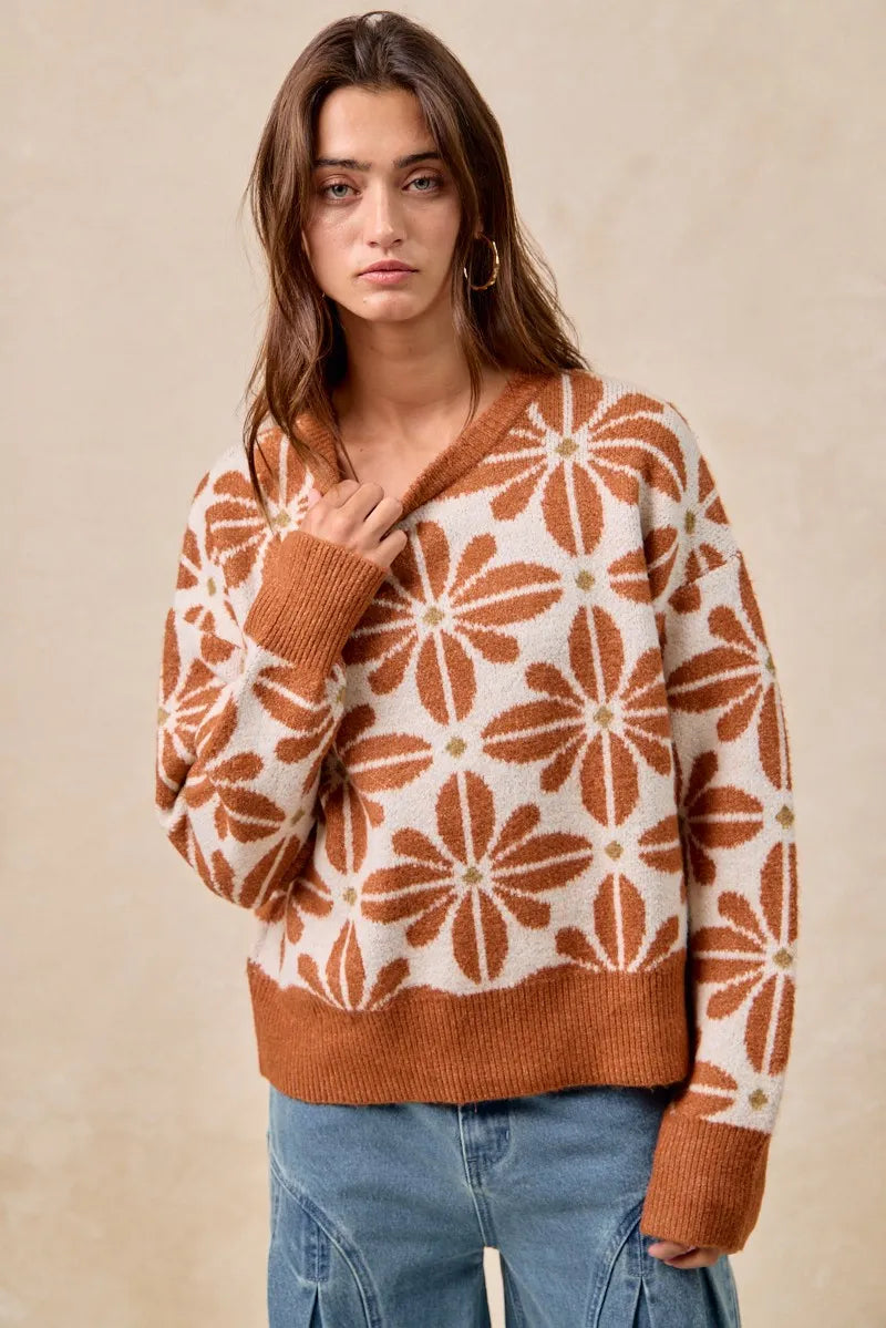 BiBi Flower Pattern Long Sleeve Sweater