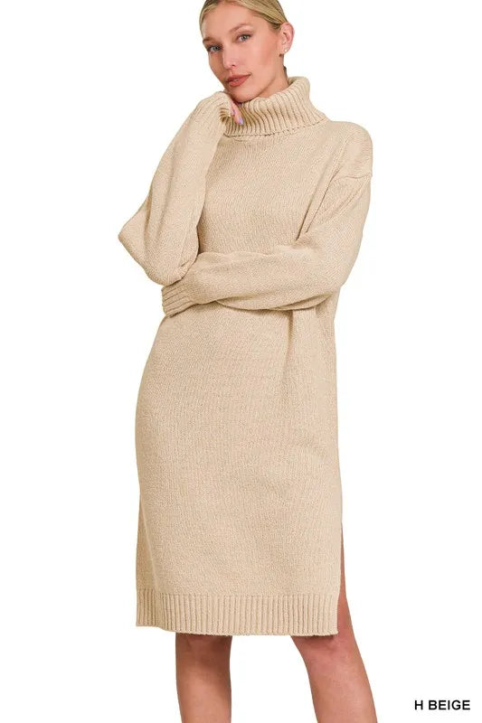 Zenana Turtle Neck Long Sleeve Midi Sweater Dress in Beige