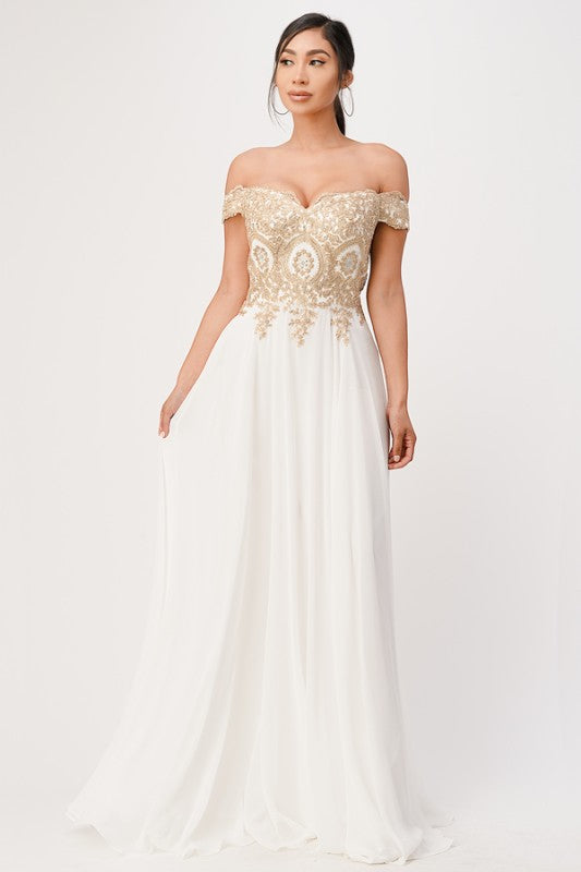 La Scala Off Shoulder Chiffon Gown with Lace Appliques