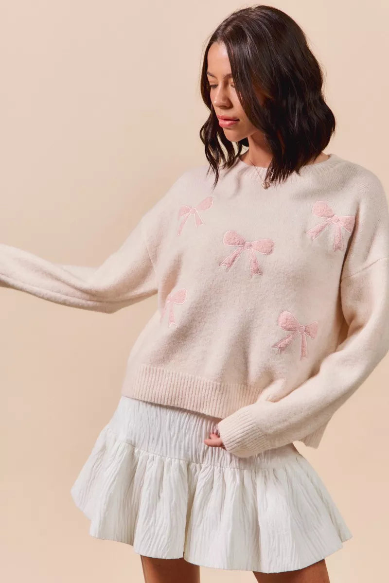 SO ME Embroidered Ribbon Round Neck Sweater