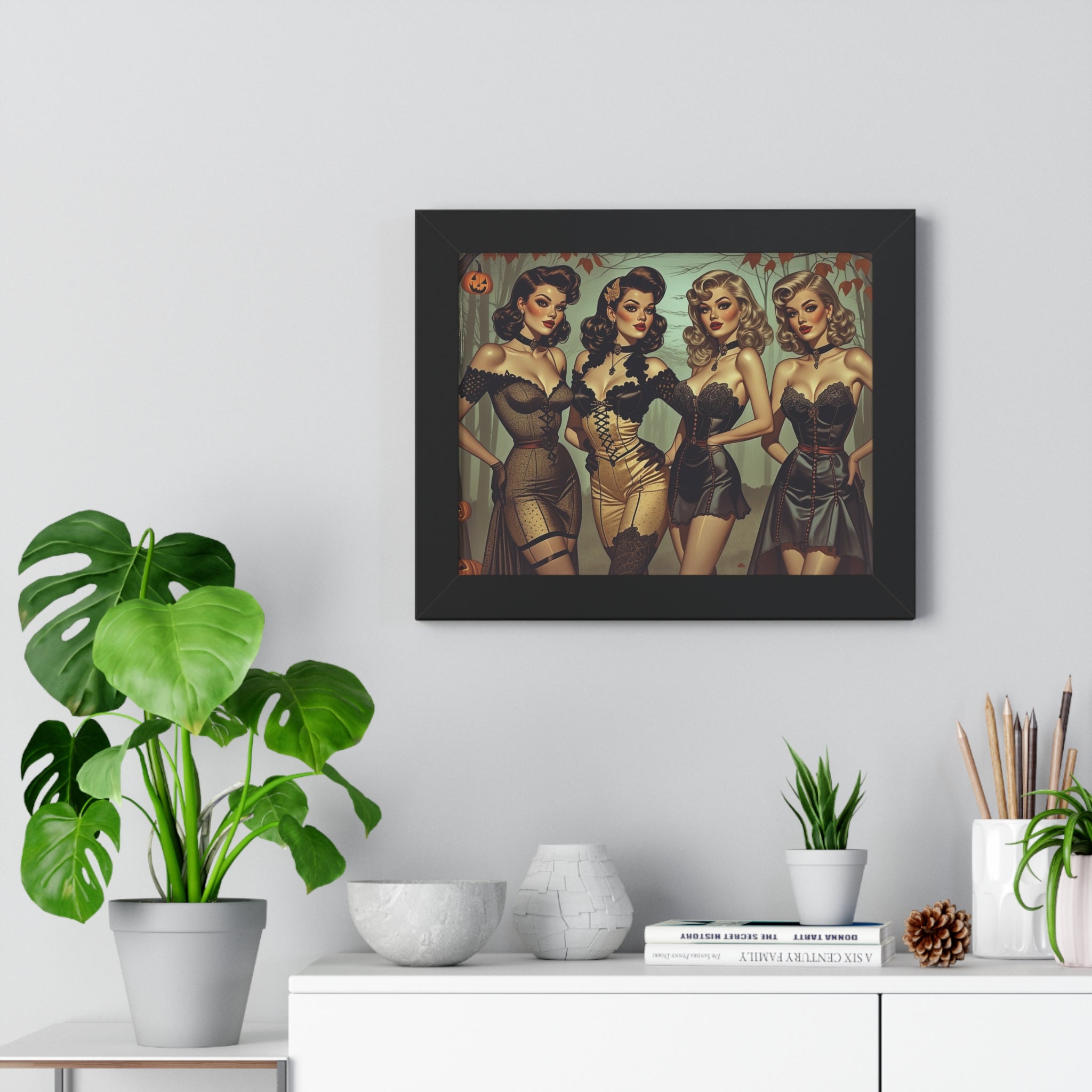 Spooky Beauties Retro Glam Framed Poster, Vintage Halloween Decor, Pin-Up Style