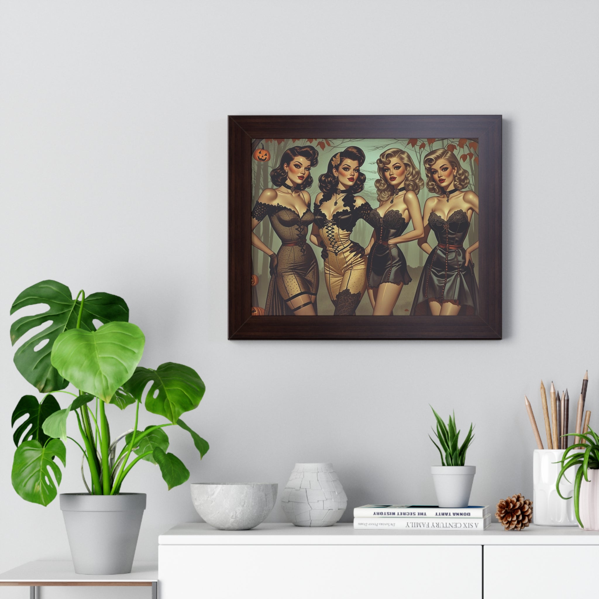 Spooky Beauties Retro Glam Framed Poster, Vintage Halloween Decor, Pin-Up Style