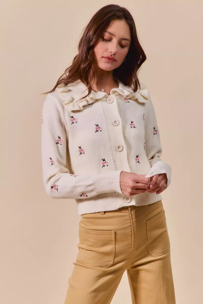 SO ME Collared Floral Embroidered Button Down Sweater Cardigan