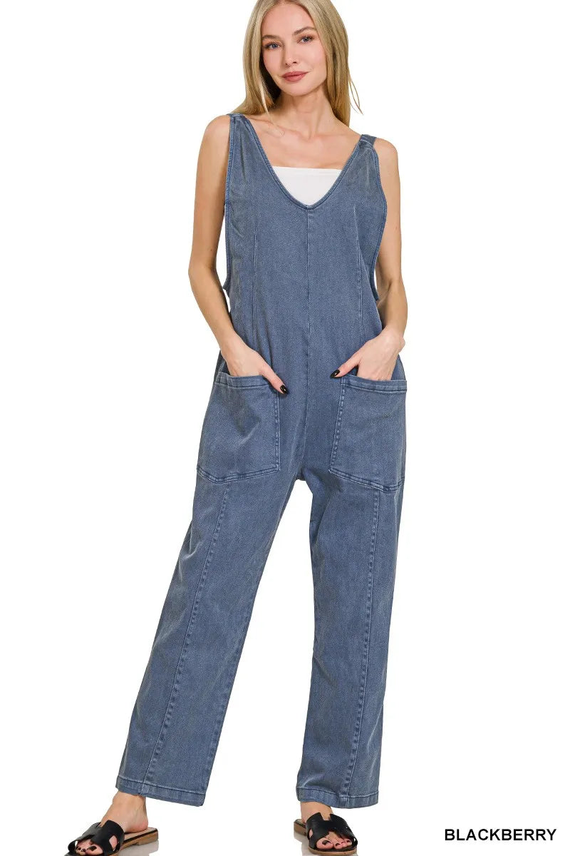 Zenana Casual Adjustable Strap Baggy Jumpsuit With Pocket in Blackberry