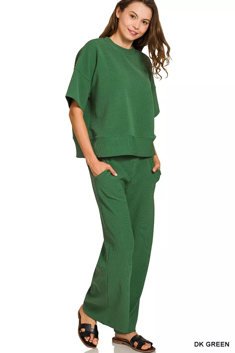 Zenana Ribbed Round Neck Tee & Pants Set in Green