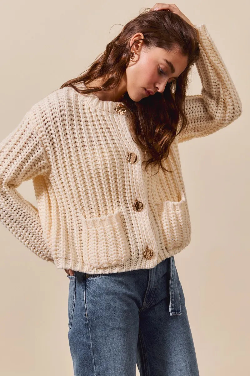 SO ME Metal Button Long Sleeve Chunky Sweater Cardigan