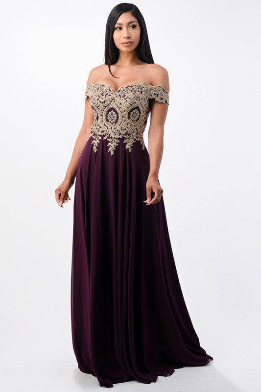 La Scala Off Shoulder Chiffon Gown with Lace Appliques