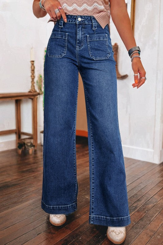 Denim Patch Pocket Wide Leg Jeans