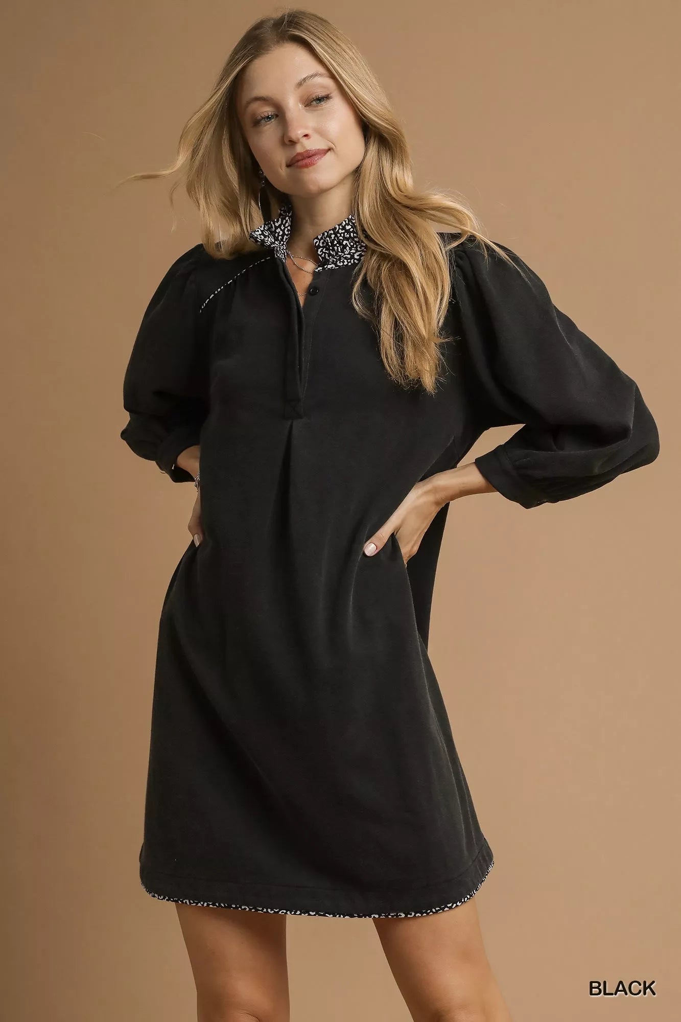 Umgee French Terry Balloon Sleeve Shift Dress with Leopard Print Detail