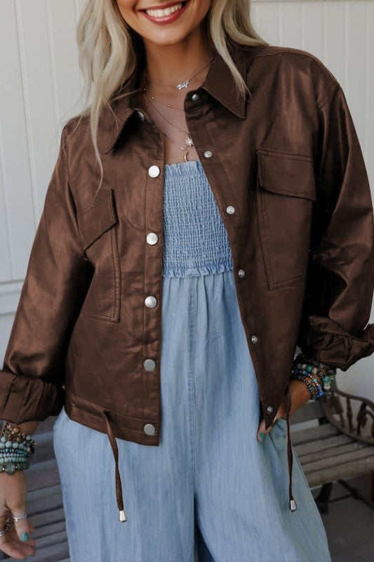 Leather Drawstring Hem Pocketed Jacket