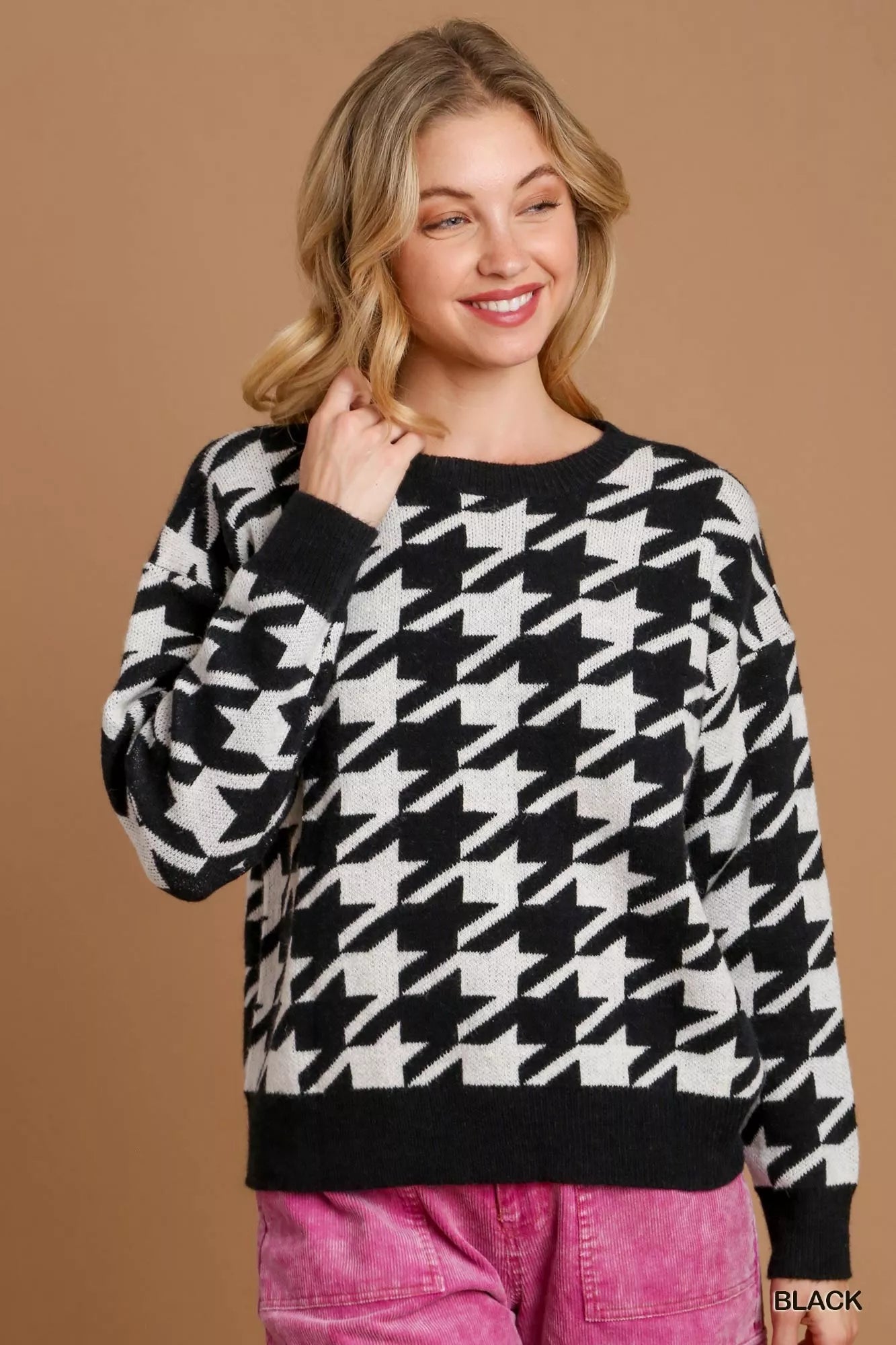 Umgee Houndstooth Round Neck Sweater