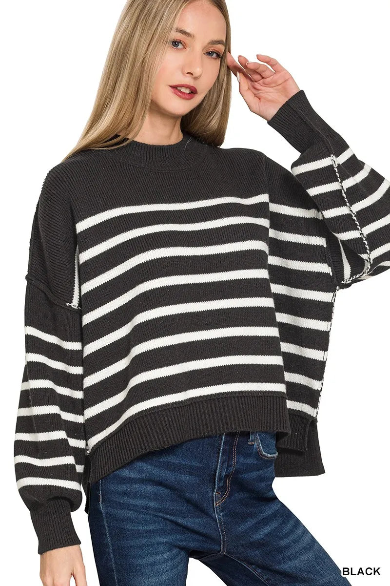 Zenana Exposed Seam Striped Oversized Sweater in Black