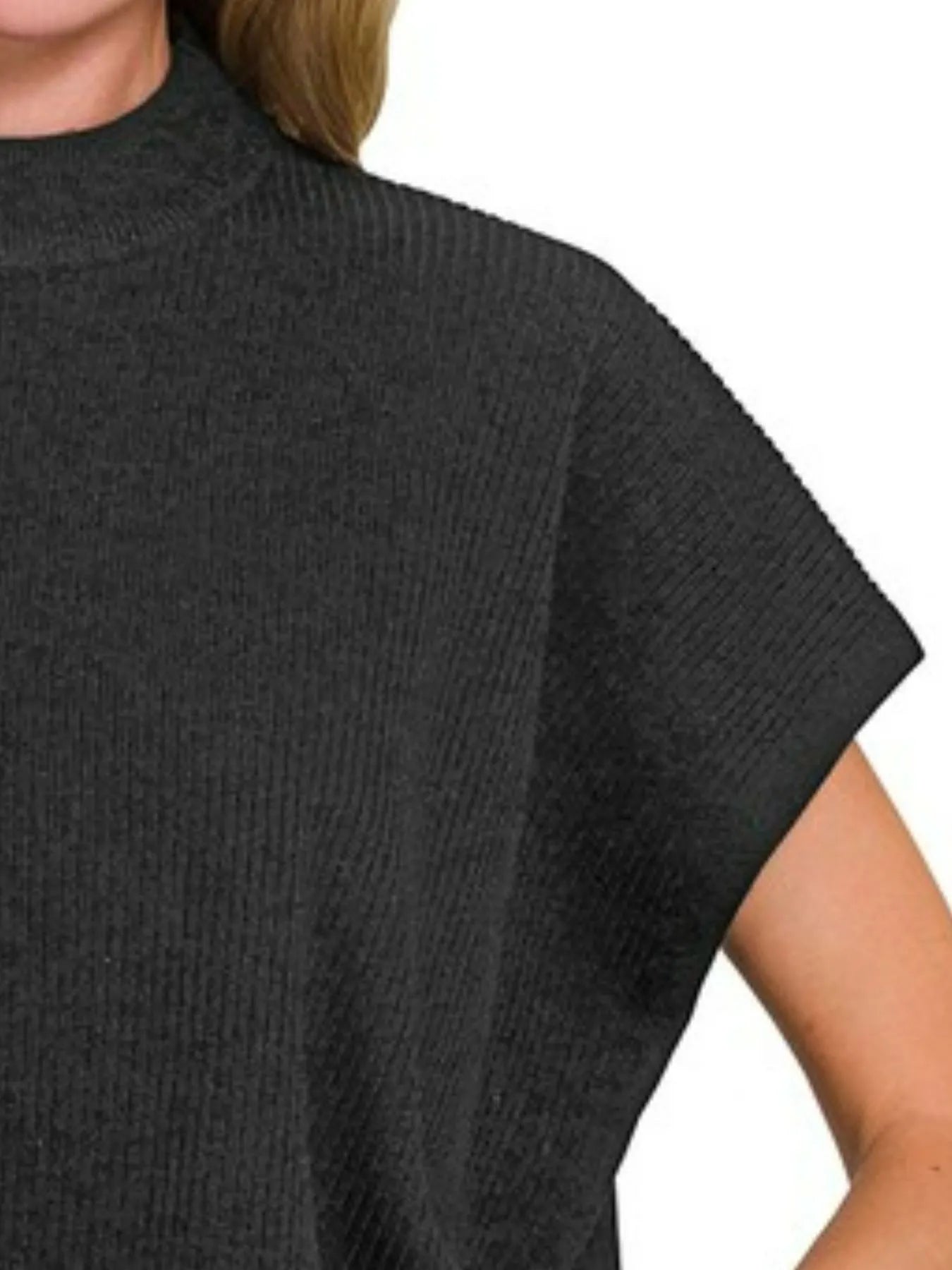 Zenana Viscose Mock Neck Short Sleeve Boxy Sweater in Black