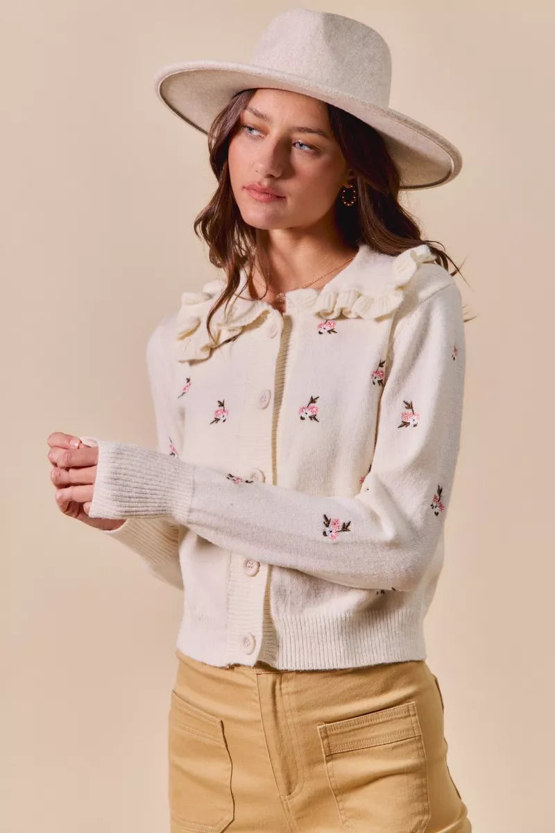 SO ME Collared Floral Embroidered Button Down Sweater Cardigan