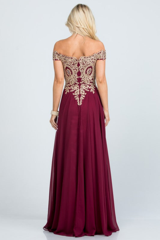 La Scala Off Shoulder Chiffon Gown with Lace Appliques
