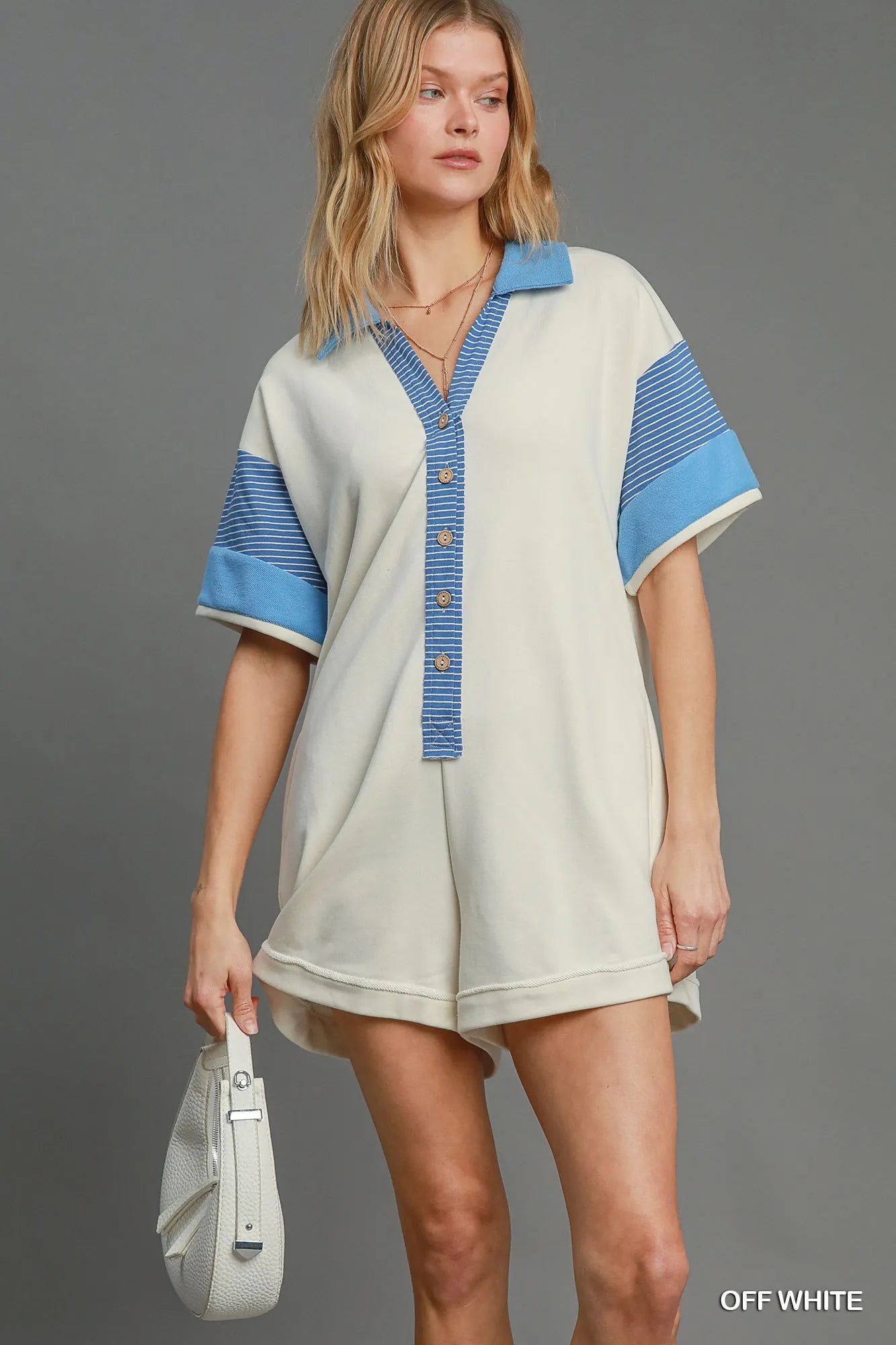 Umgee French Terry Collared Colorblock Romper in Off White
