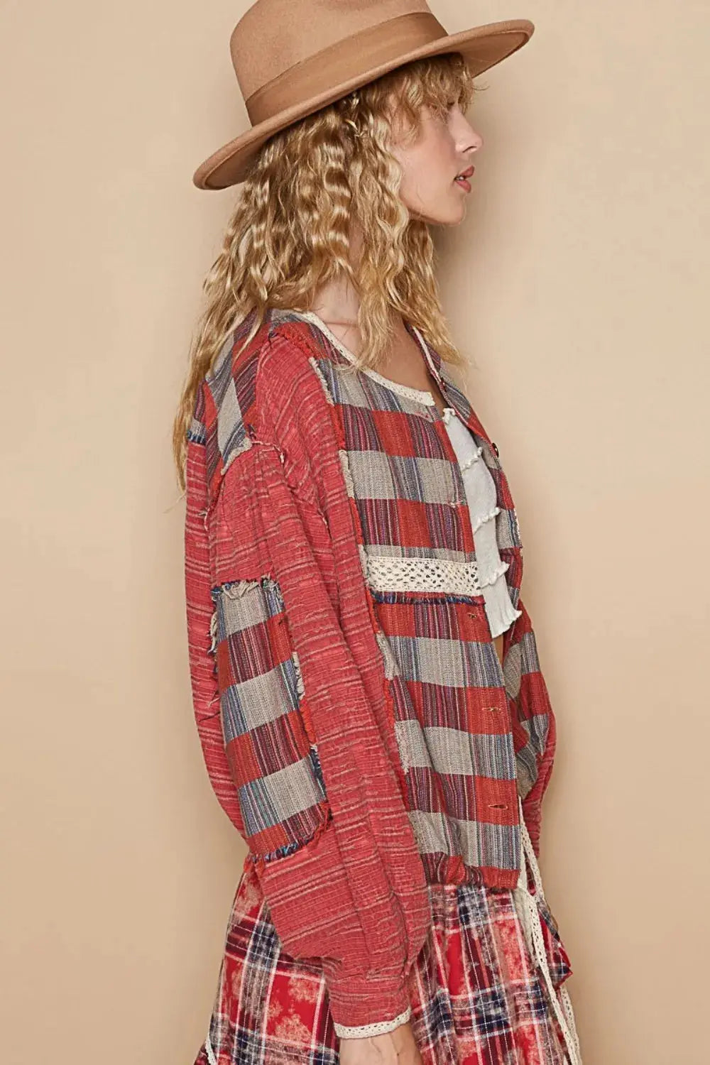 POL Round Neck Long Sleeve Plaid Shirt